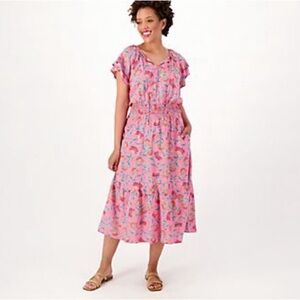 Destination 365 Regular Printed Short-Sleeve Midi Dress with Smocking
